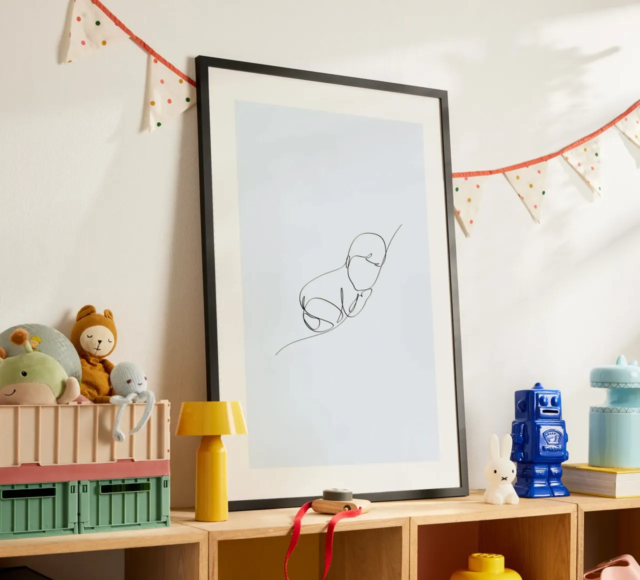 One Line Baby Boy poster con telaio in alluminio da KidzStudio