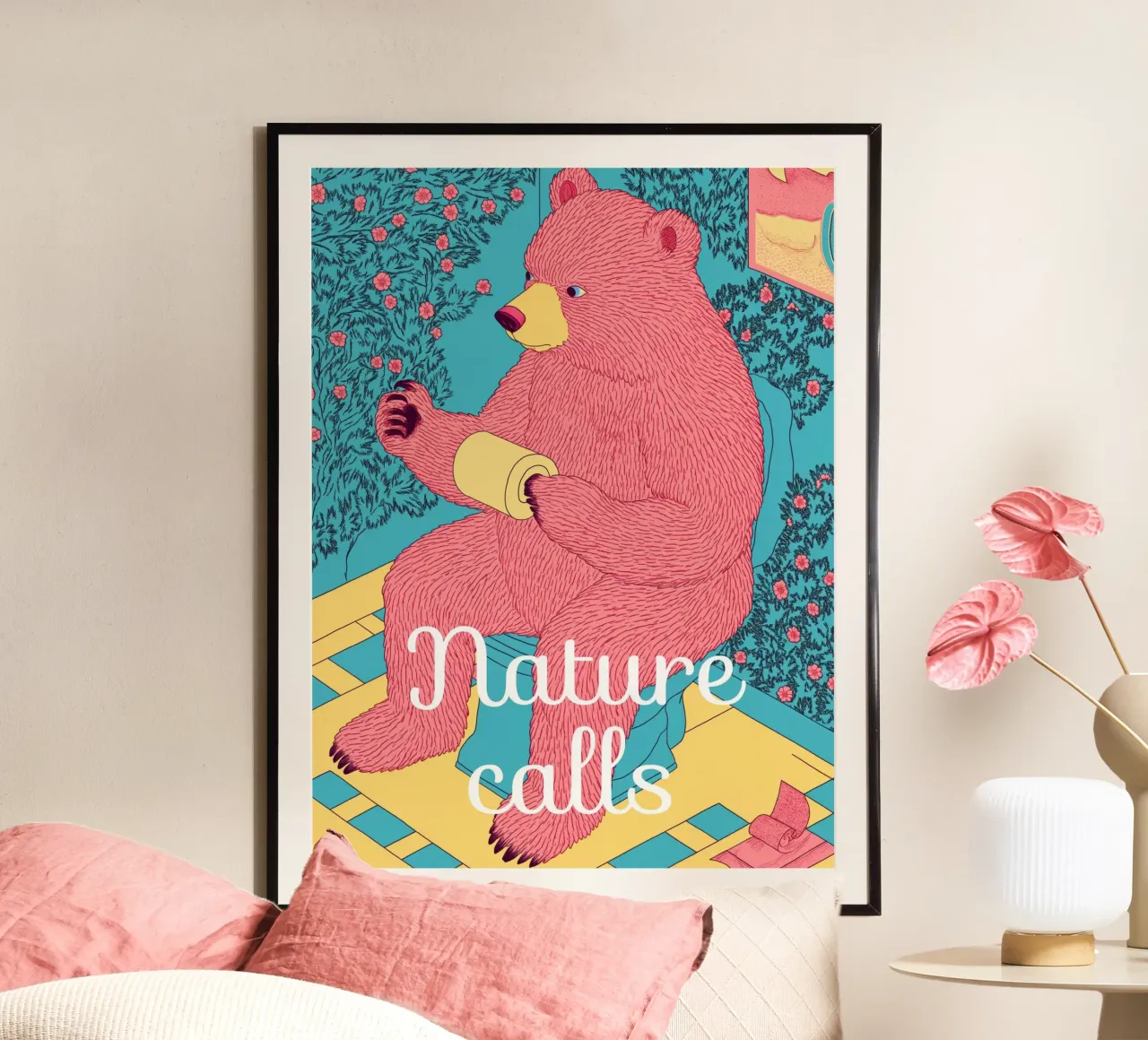 Nature Calls - Een grappige beer gebruikt een badkamer wc-papier hahnemühle van Kaji