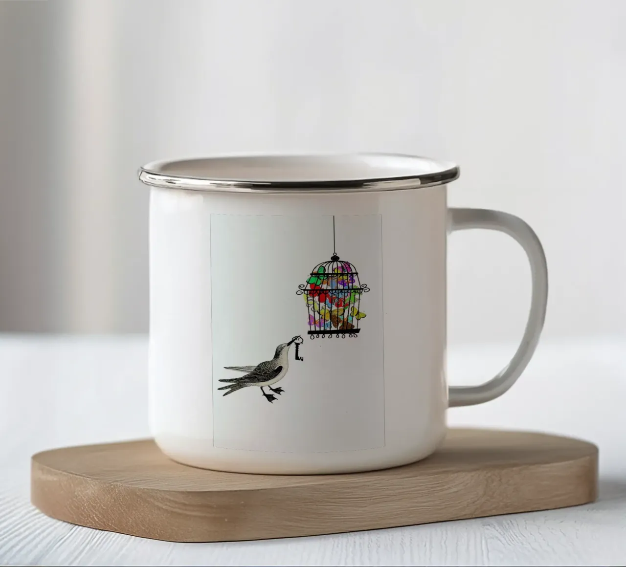 The bird has the key Emaille Tasse von Rococco LA