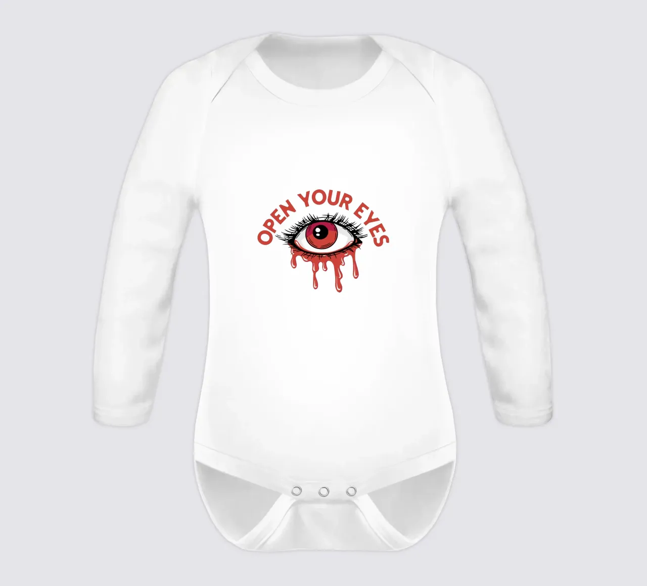 Open Your Eyes long-sleeve baby romper by Gunawan Rb