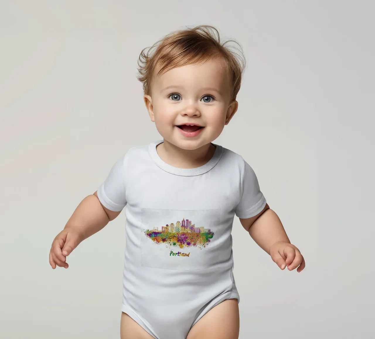 Lo skyline di Portland in acquerello body neonato maniche corte da ARTVI-SHOP