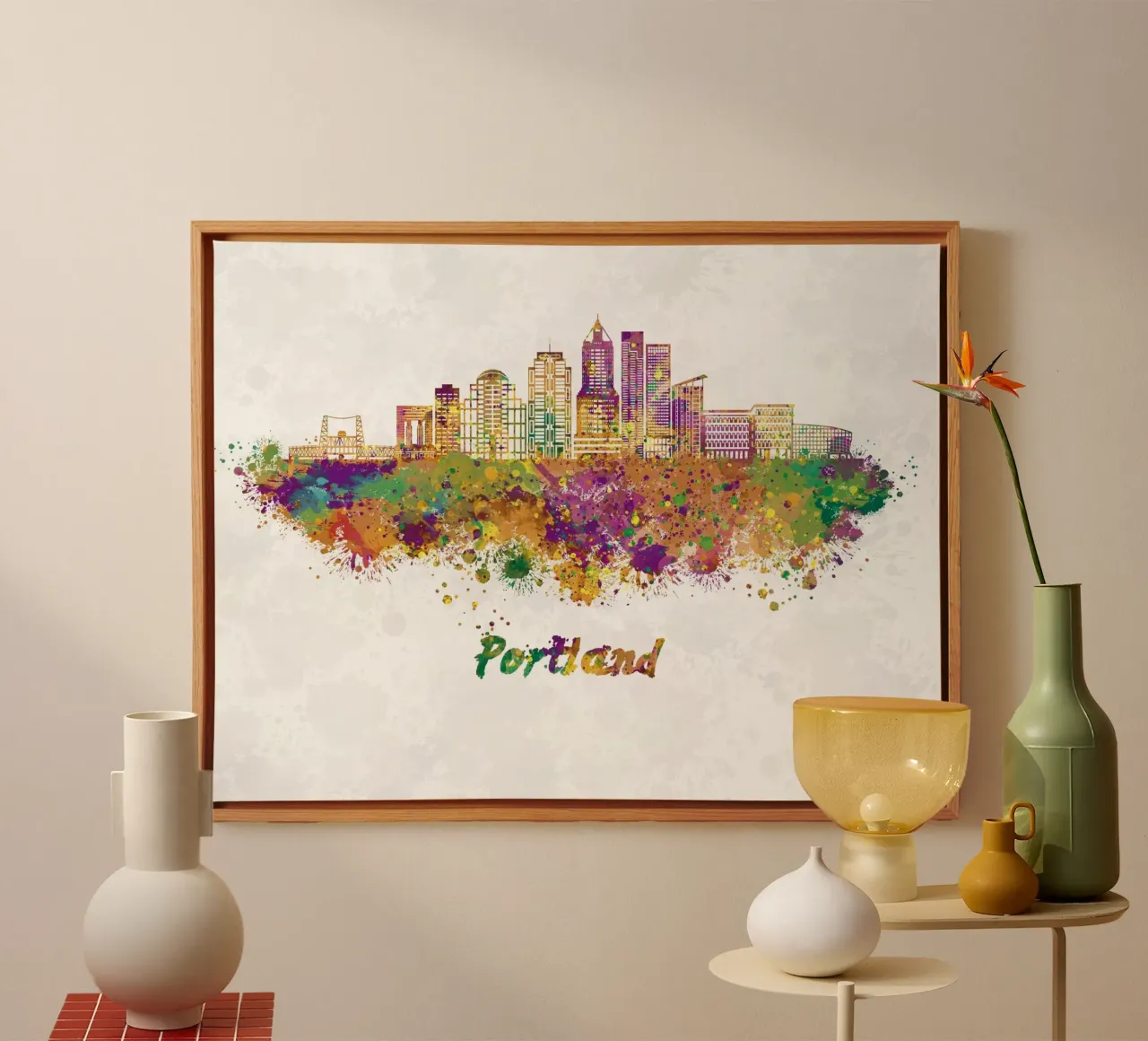 Lo skyline di Portland in acquerello tela con Cornice a cassetta da 🎁 ARTVI-SHOP