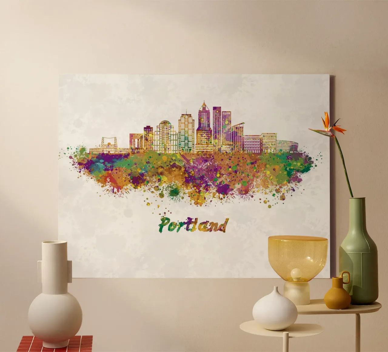 Lo skyline di Portland in acquerello tela con Cornice a cassetta da 🎁 ARTVI-SHOP
