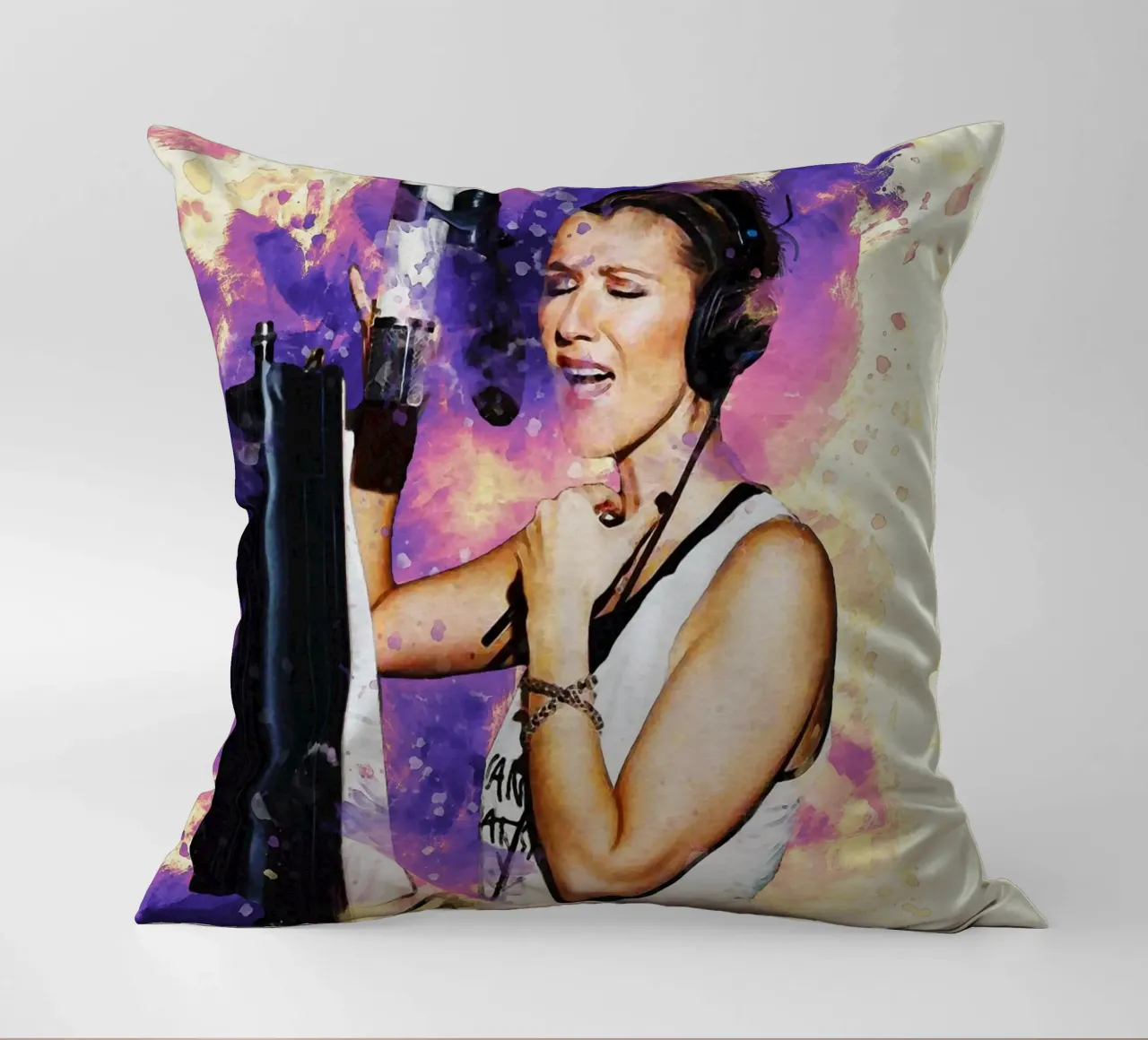 Smudge of Portrait Celine Dion in Recording Studio decorative cushion by Gunawan Rb