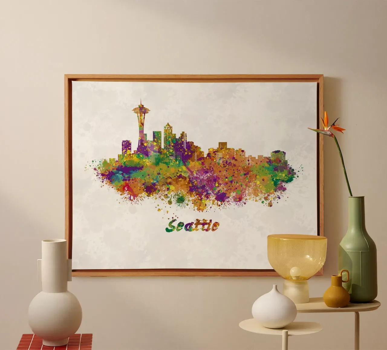 Lo skyline di Seattle in acquerello tela con Cornice a cassetta da 🎁 ARTVI-SHOP