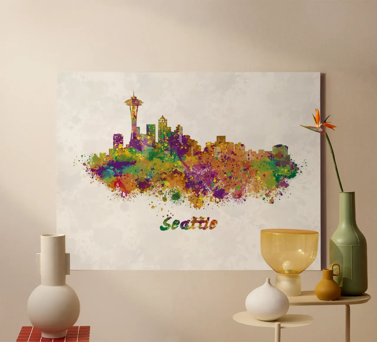 Lo skyline di Seattle in acquerello tela con Cornice a cassetta da 🎁 ARTVI-SHOP