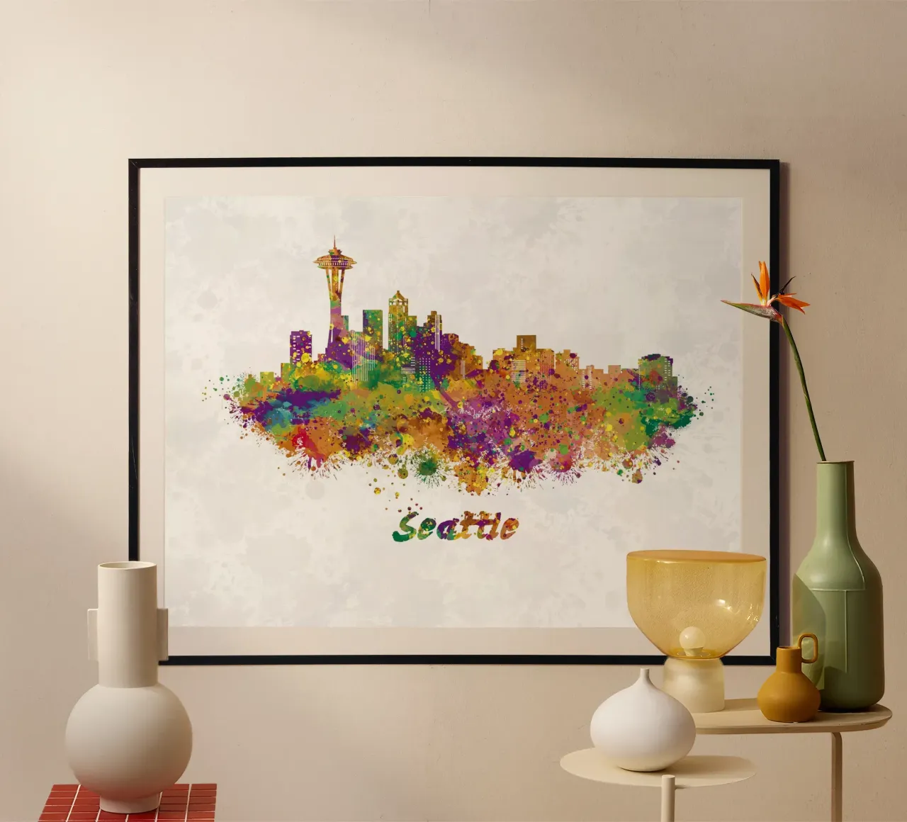 Lo skyline di Seattle in acquerello poster con telaio in alluminio da 🎁 ARTVI-SHOP