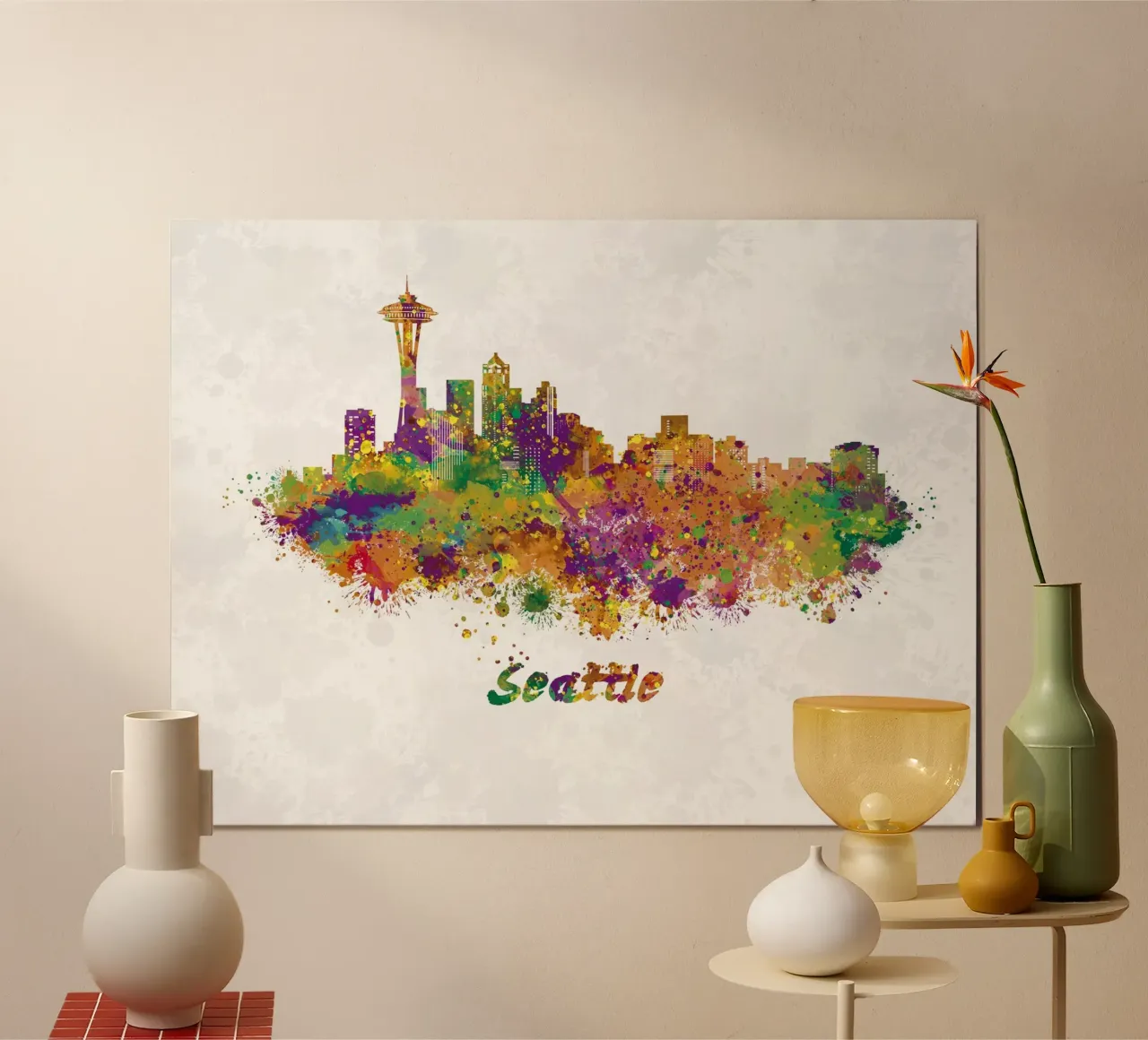 Lo skyline di Seattle in acquerello poster con telaio in alluminio da 🎁 ARTVI-SHOP
