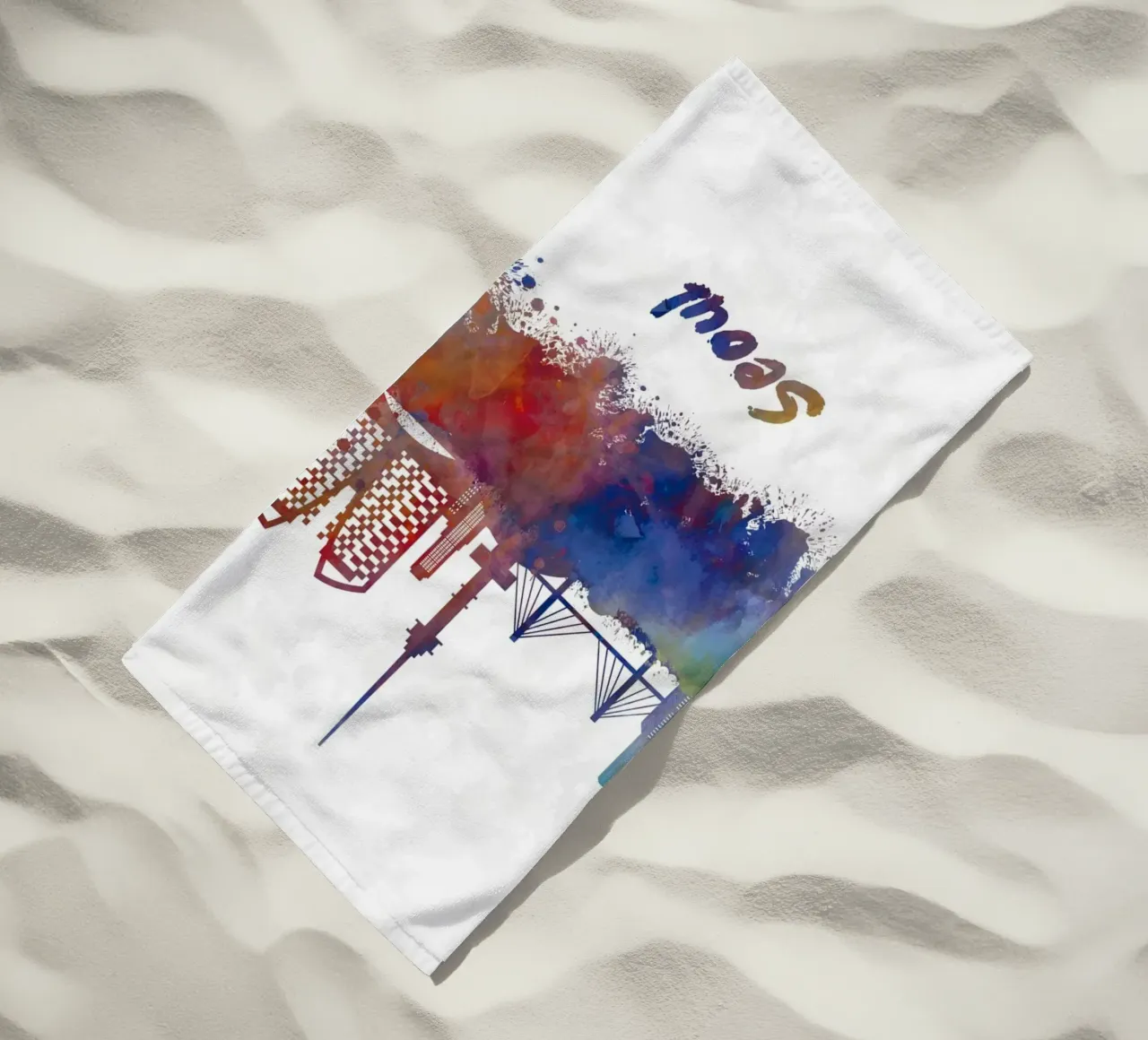 Lo skyline di Seul in acquerello telo mare da 🎁 NOBELART