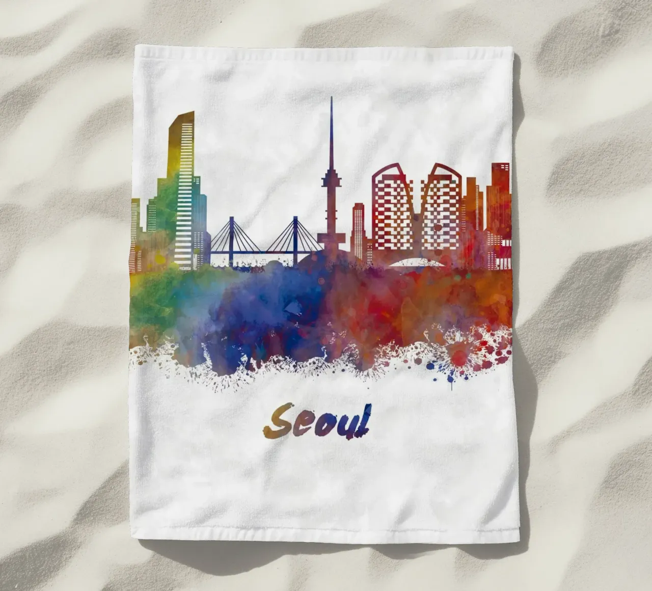 Lo skyline di Seul in acquerello telo mare da 🎁 NOBELART
