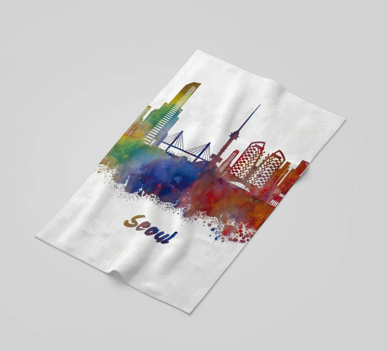 Lo skyline di Seul in acquerello telo mare da 🎁 NOBELART