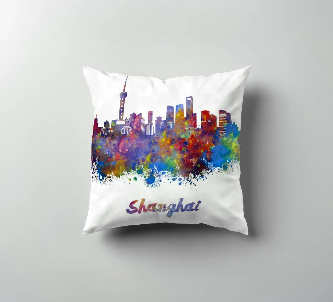 Lo skyline di Shanghai in acquerello cuscino da ARTVI-SHOP