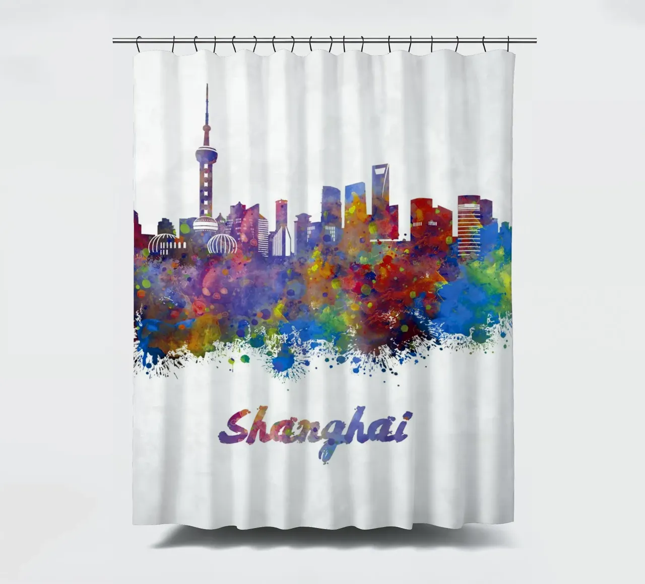 Lo skyline di Shanghai in acquerello tenda da doccia da ARTVI-SHOP