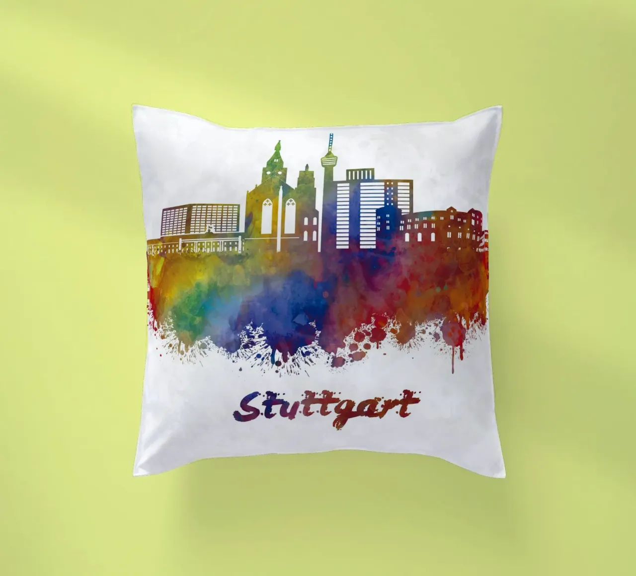Stuttgarter Skyline in Aquarell Kissen von 🎁 ARTVI-SHOP