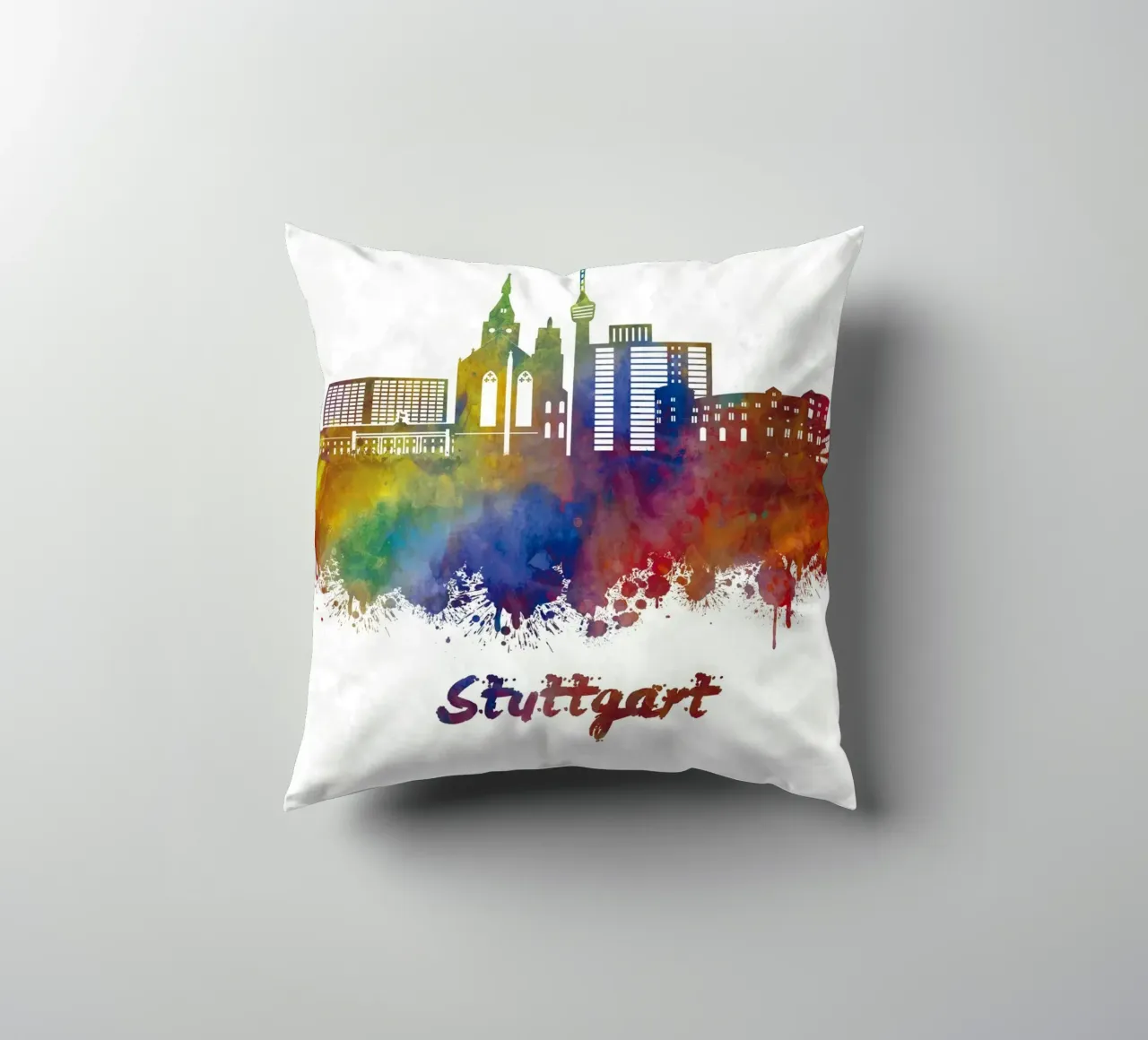 Stuttgarter Skyline in Aquarell Kissen von 🎁 ARTVI-SHOP