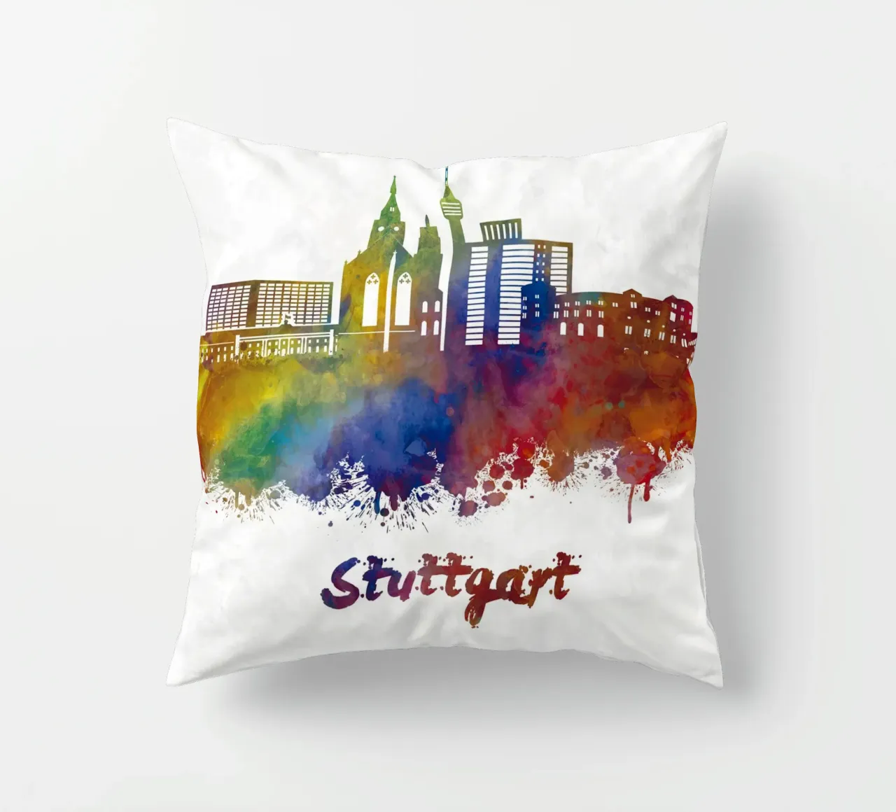 Stuttgarter Skyline in Aquarell Kissen von 🎁 ARTVI-SHOP