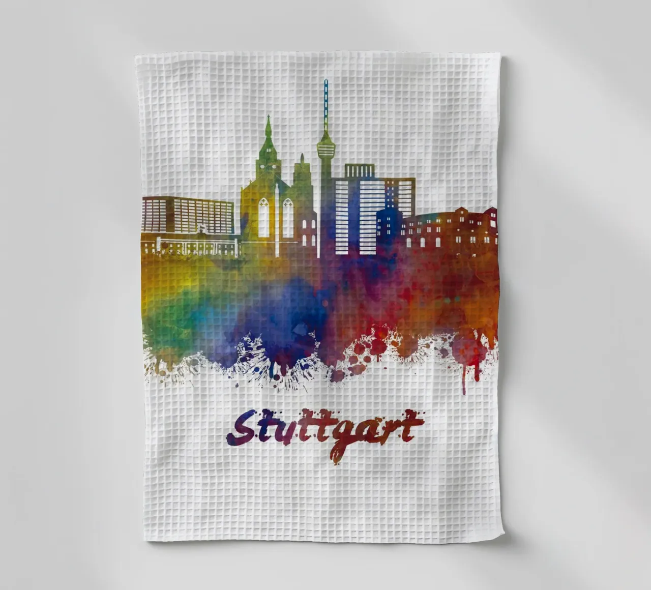 Ligne d'horizon de Stuttgart en aquarelle torchon de 🎁 ARTVI-SHOP