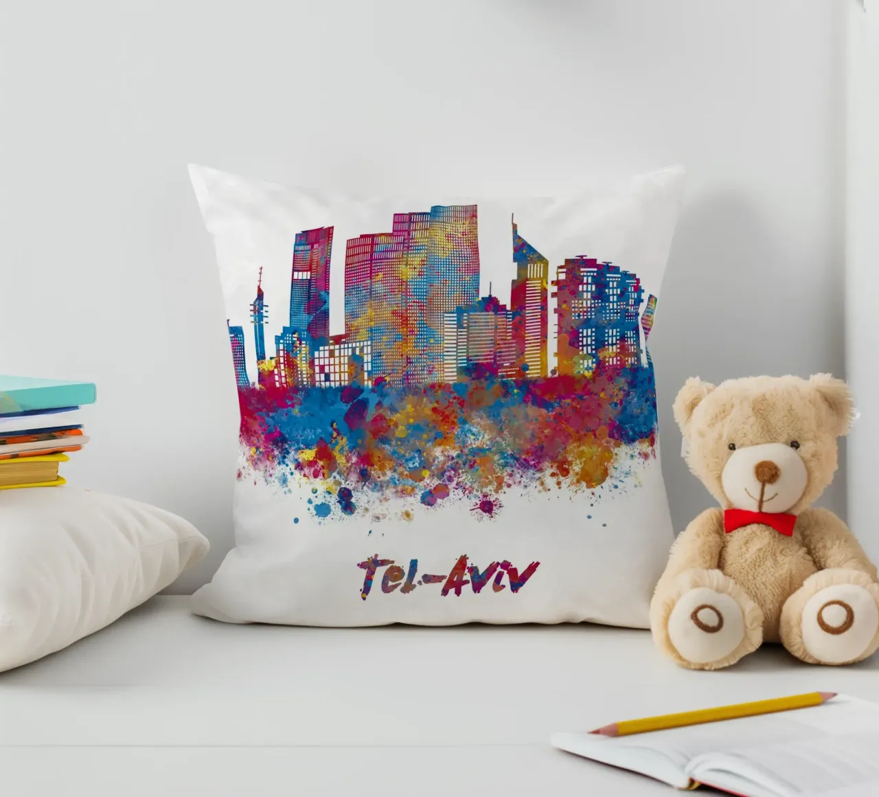 Lo skyline di Tel Aviv in acquerello cuscino da ARTVI-SHOP