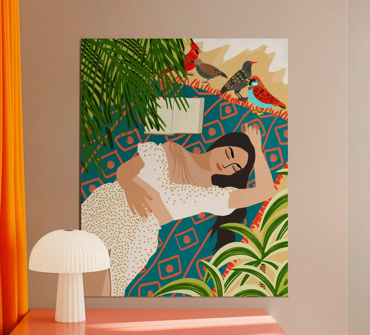 Spiaggia. Leggere. Dormire. Ripetere. Vacanza con gli uccelli boemi poster con telaio in plastica da 83oranges