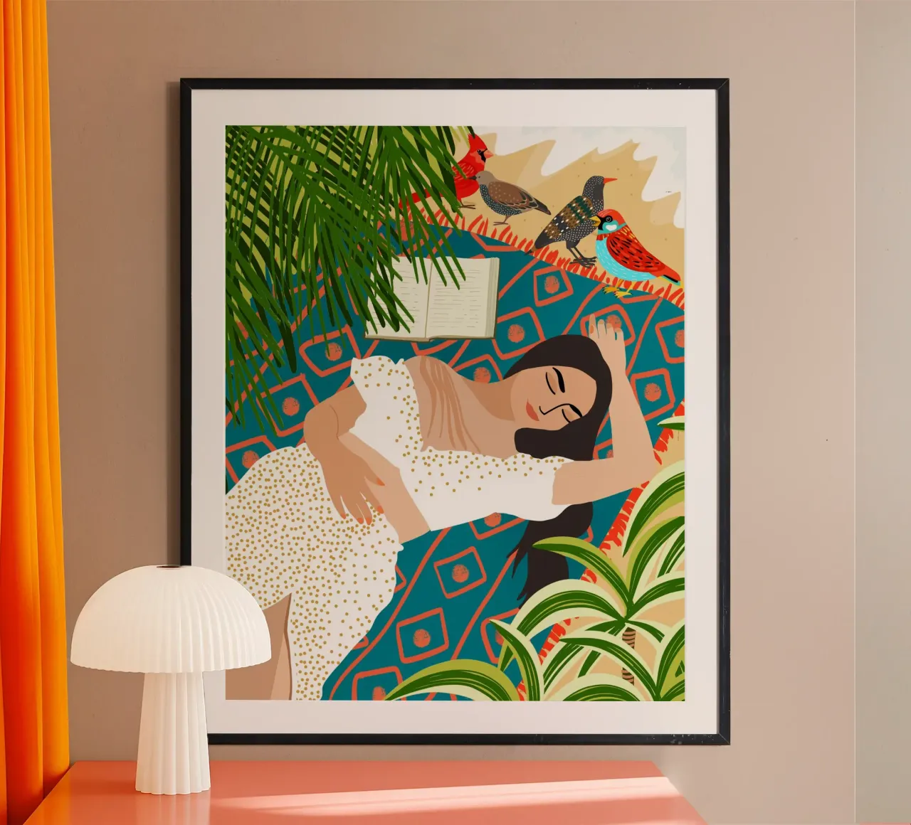 Spiaggia. Leggere. Dormire. Ripetere. Vacanza con gli uccelli boemi poster con telaio in plastica da 83oranges
