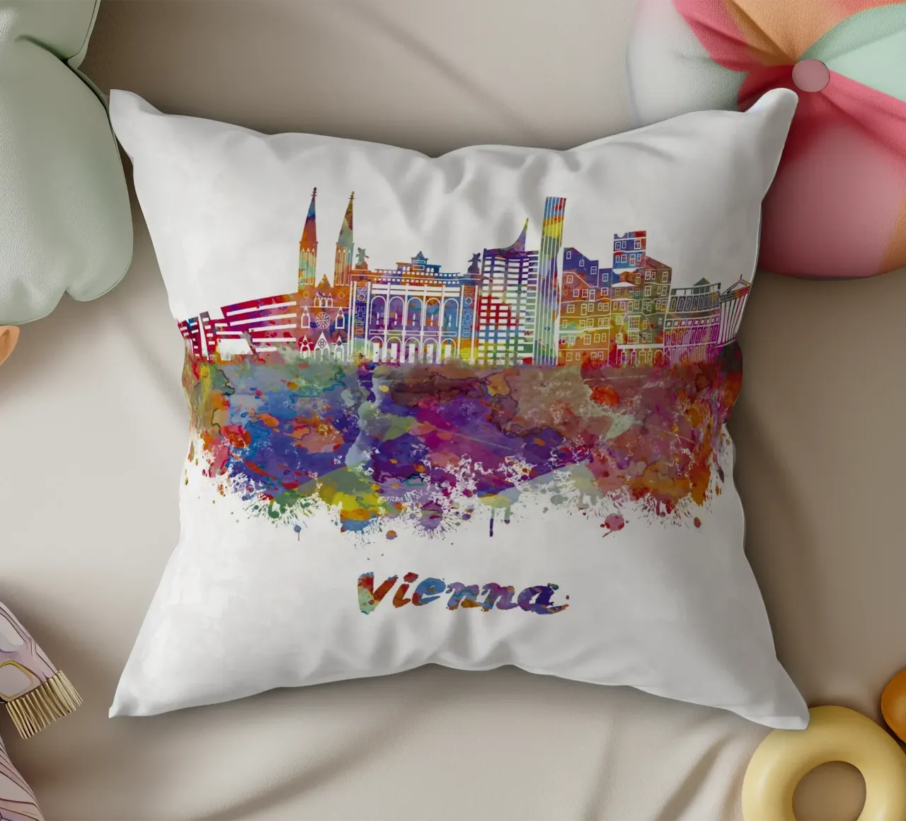 Lo skyline di Vienna in acquerello cuscino da 🎁 ARTVI-SHOP