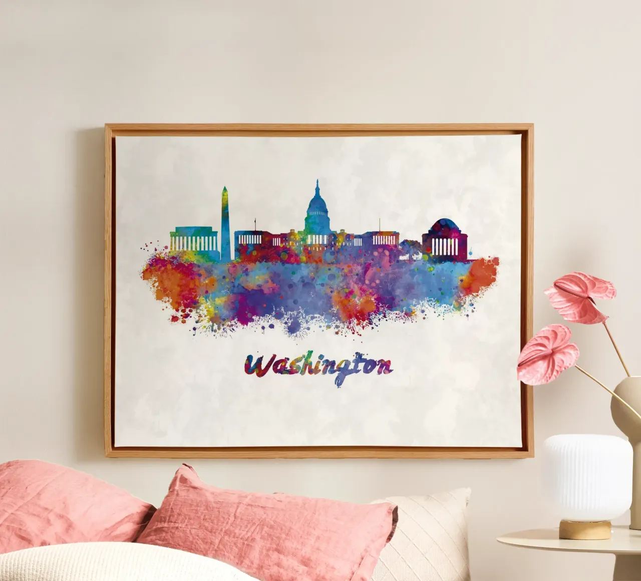 Skyline di Washington in acquerello tela con Cornice a cassetta da 🎁 ARTVI-SHOP
