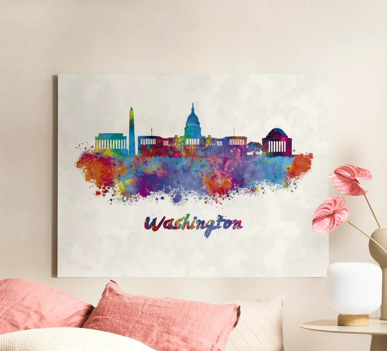 Skyline di Washington in acquerello tela con Cornice a cassetta da 🎁 ARTVI-SHOP