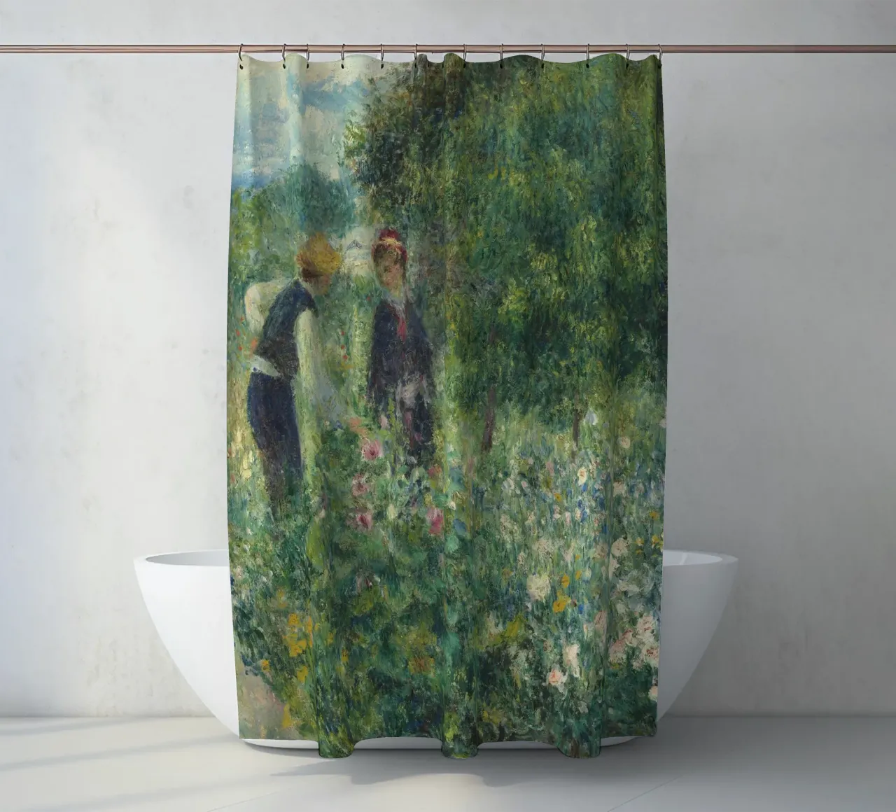 Pierre-Auguste Renoir - Picking flowers shower curtain by Timeless Artworks