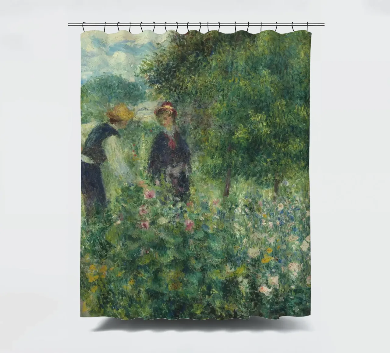 Pierre-Auguste Renoir - Picking flowers shower curtain by Timeless Artworks