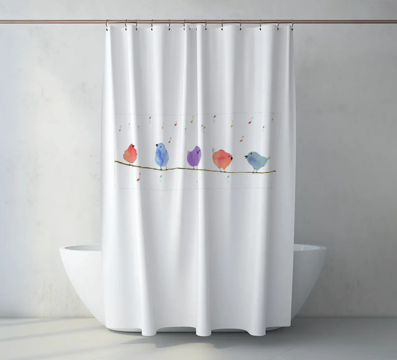 Fünf Vögelchen auf einem Ast shower curtain by Farbwelten