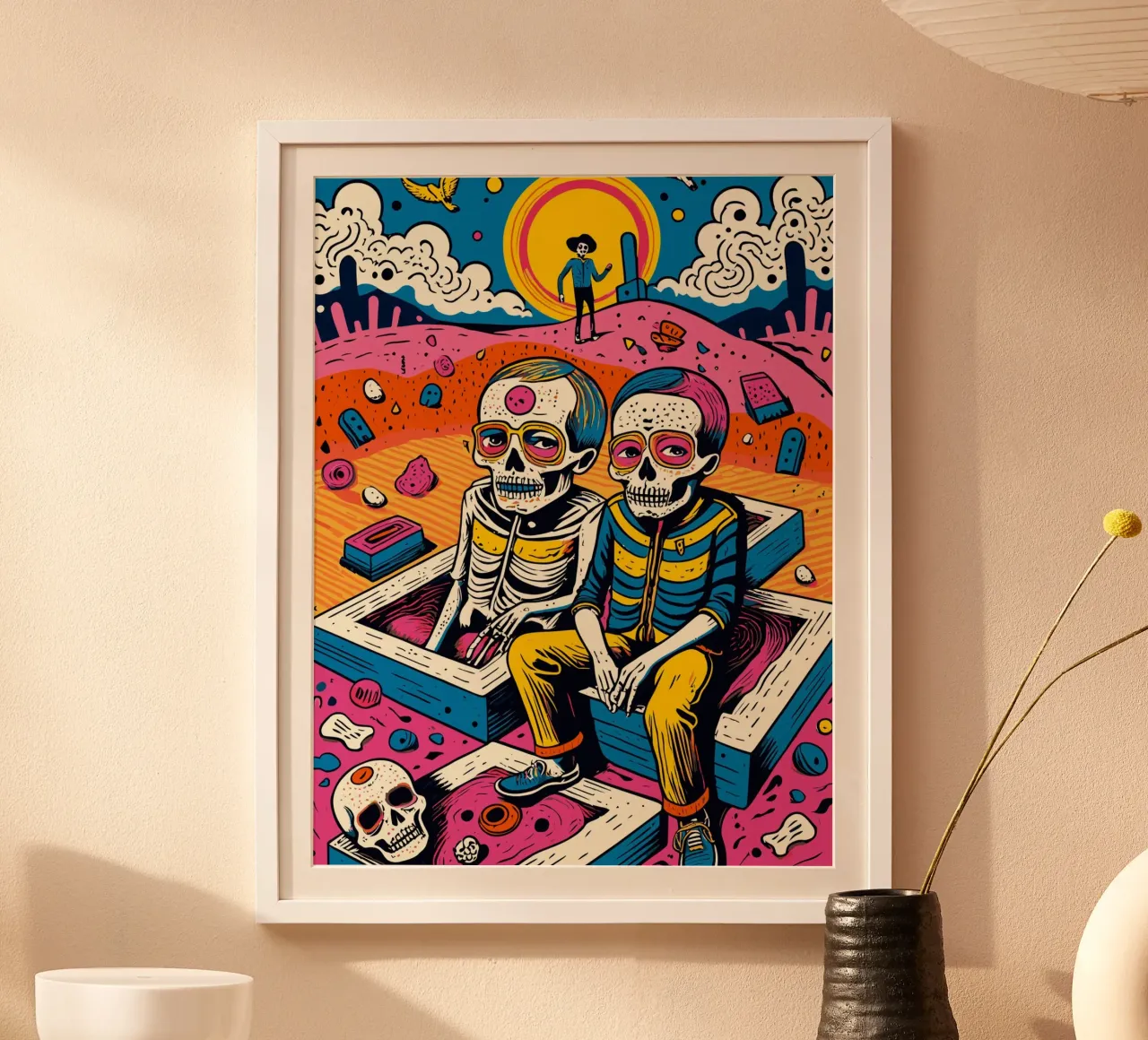 Levendige skelet-tweeling in een surrealistisch landschap poster met houten frame van Signorino