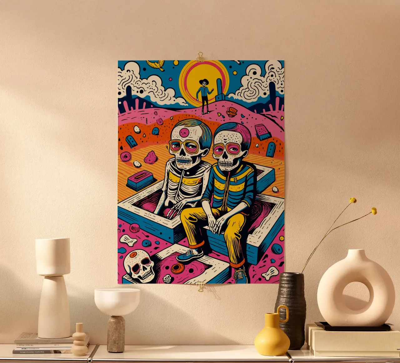Levendige skelet-tweeling in een surrealistisch landschap poster met houten frame van Signorino
