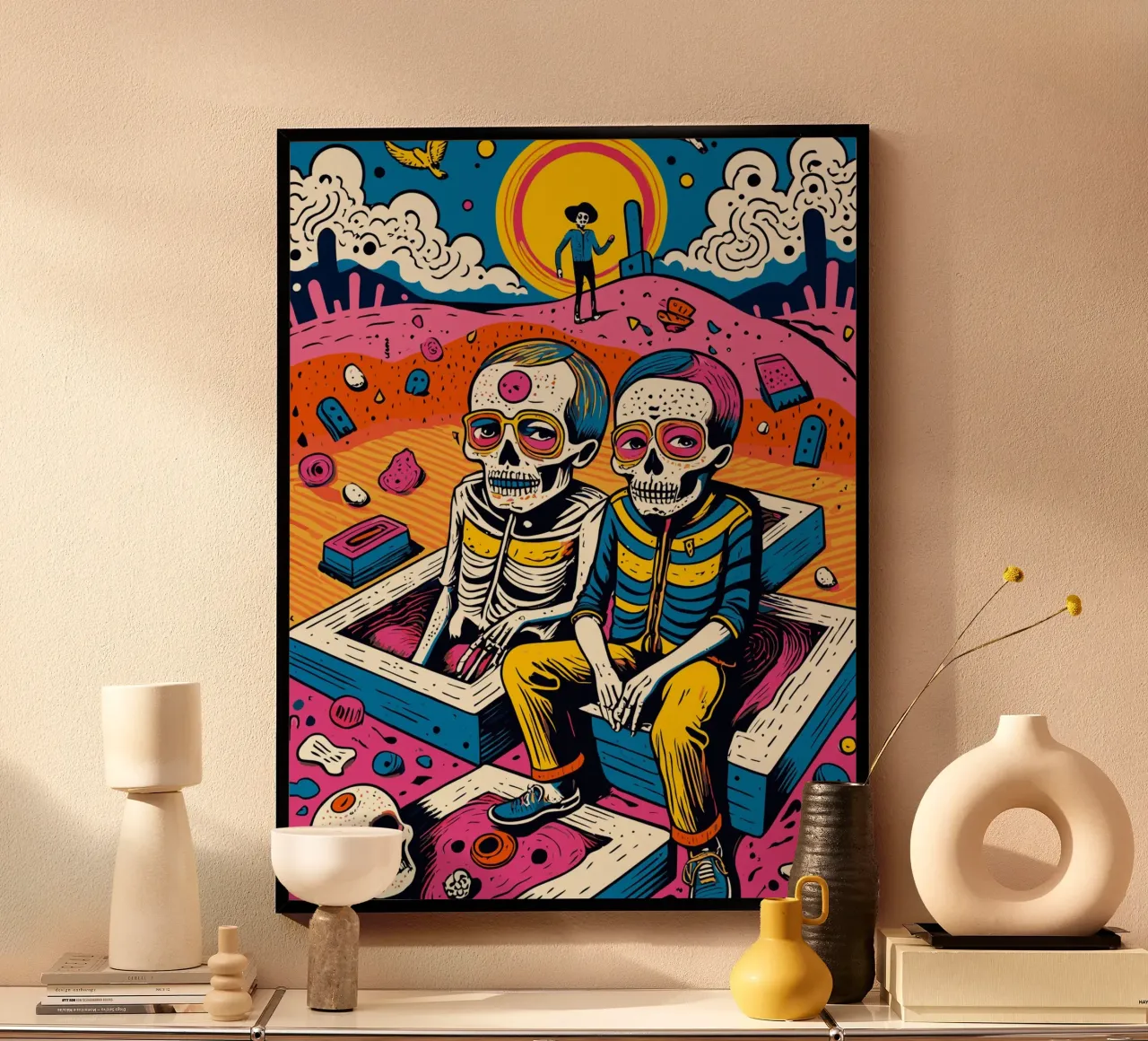 Levendige skelet-tweeling in een surrealistisch landschap poster met houten frame van Signorino