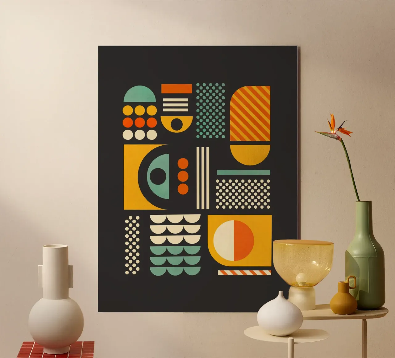 Impression d'art Bauhaus à motifs géométriques - Gris foncé et tons de terre panneau forex de showmemars