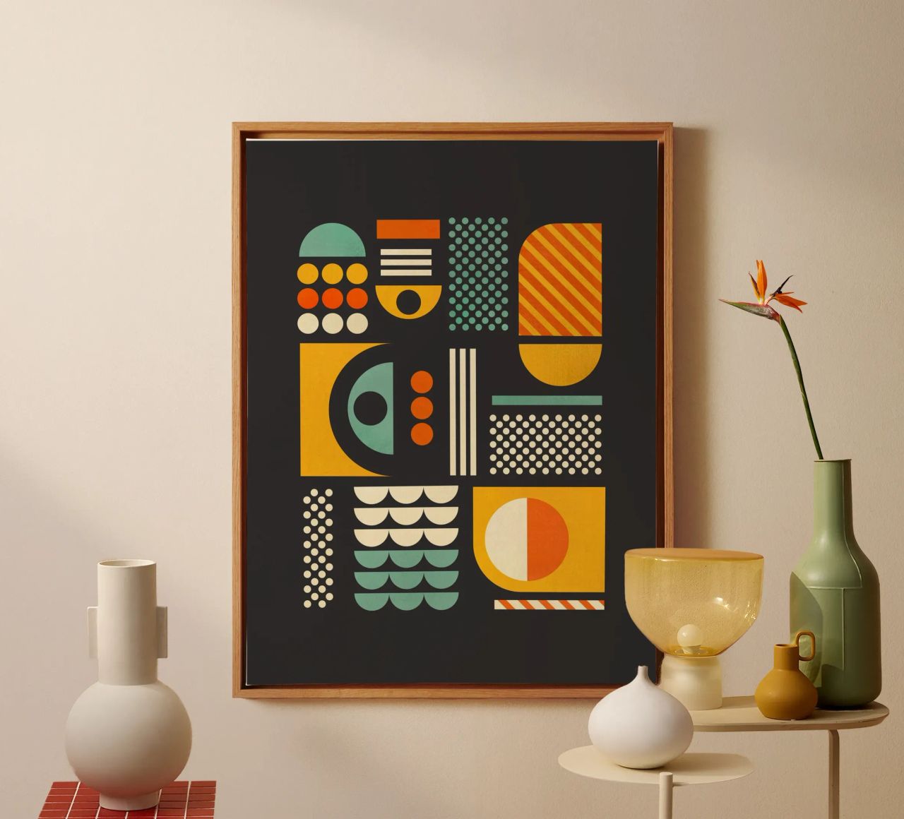Bauhaus Geometric Pattern Art Print - Dark Gray & Earth Tone canvas by showmemars