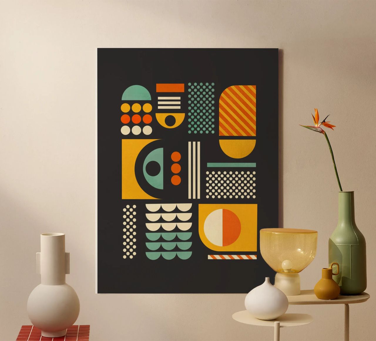 Bauhaus Geometric Pattern Art Print - Dark Gray & Earth Tone canvas by showmemars