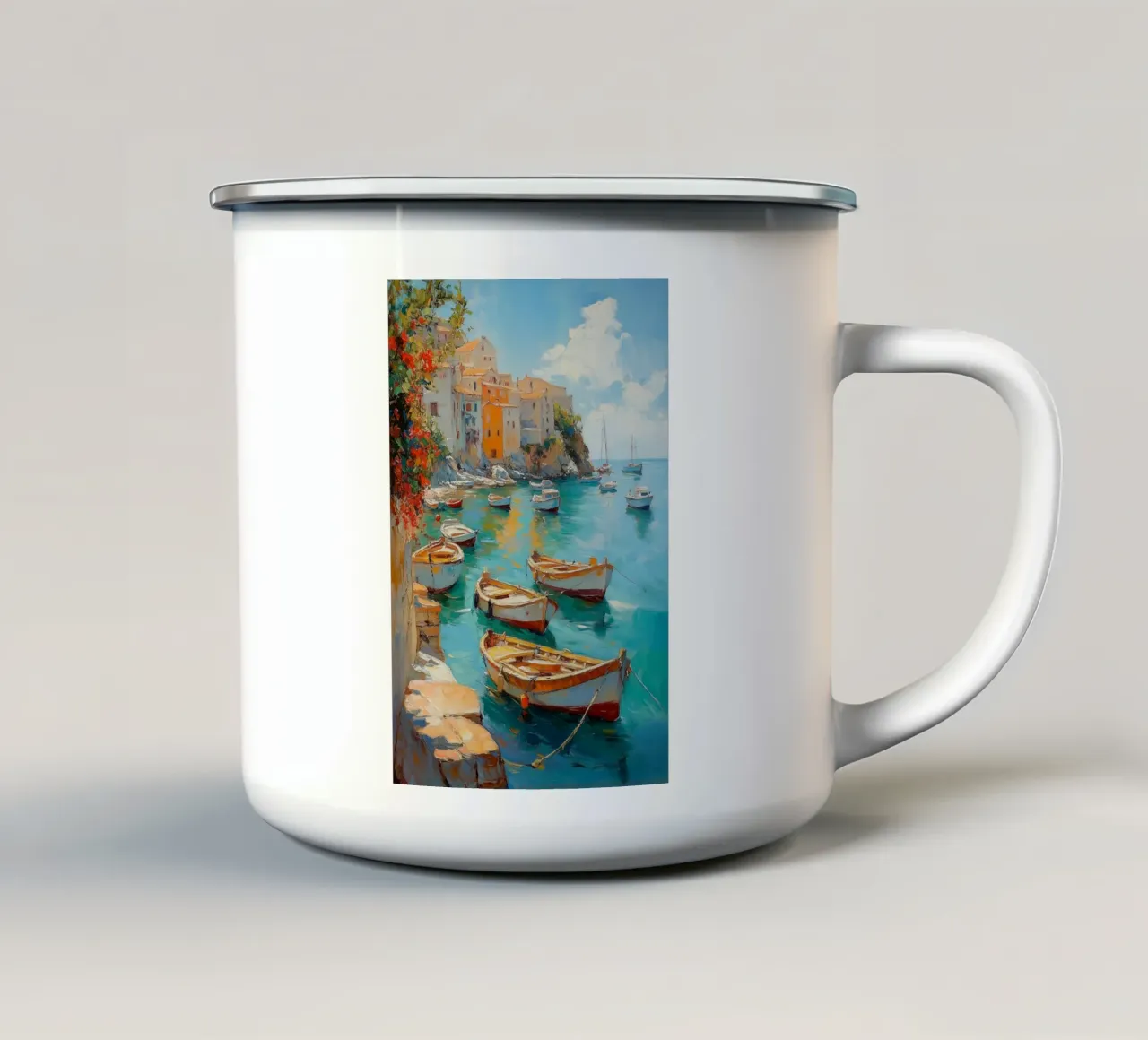 Mediterranean coastal romance enamel mug by Carinaprint