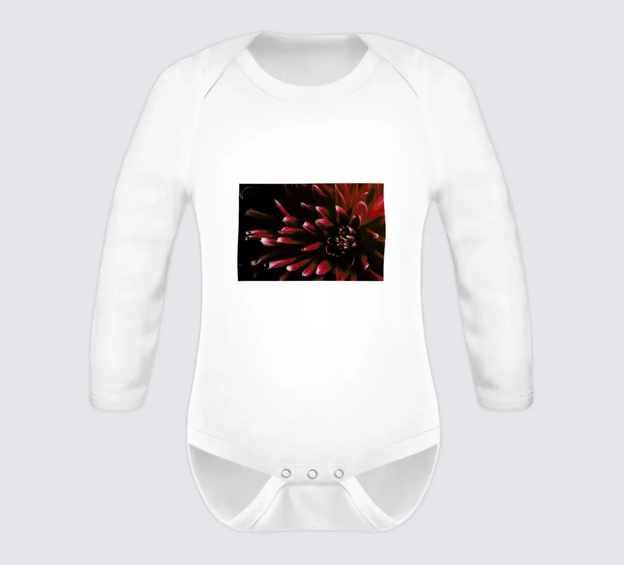Ruby Red Dahlia body neonato maniche lunghe da Ingrid Beddoes
