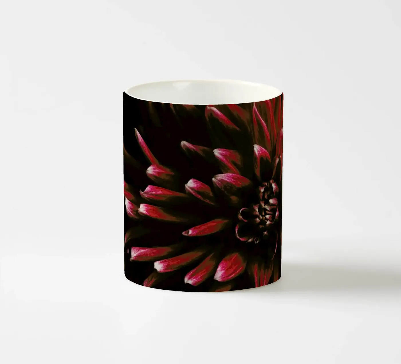 Ruby Red Dahlia ceramic mug by Ingrid Beddoes