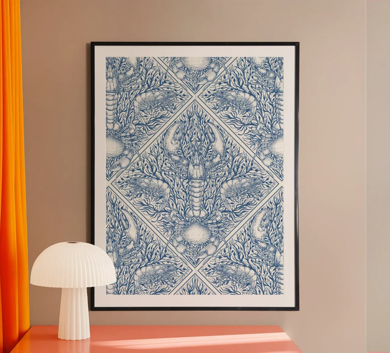 Crostaceo in blu e avorio poster con telaio in alluminio da Painted Nature