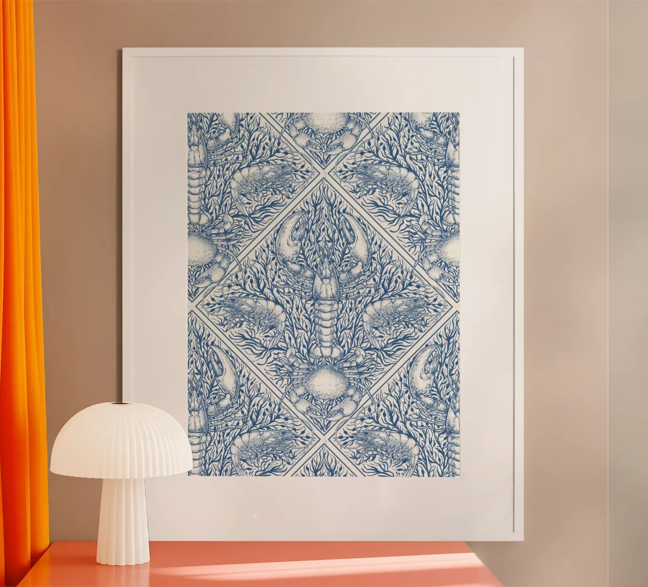 Crostaceo in blu e avorio poster con telaio in alluminio da Painted Nature