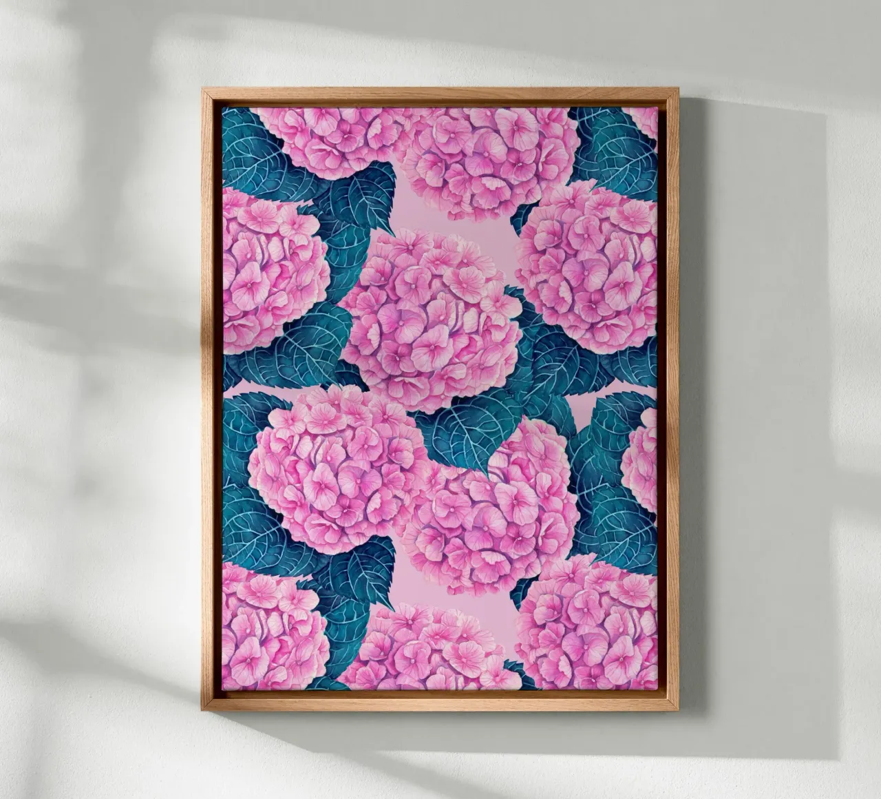 Hydrangea watercolor pattern, pink and blue canvas with Floater frame by Painted Nature