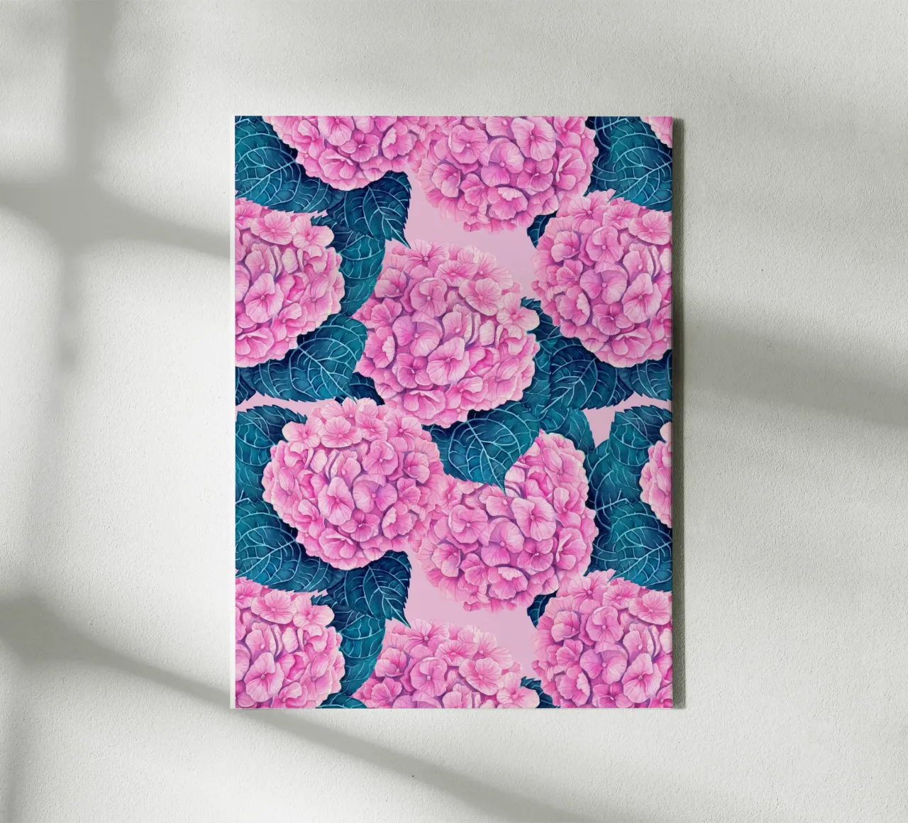 Hydrangea watercolor pattern, pink and blue canvas with Floater frame by Painted Nature
