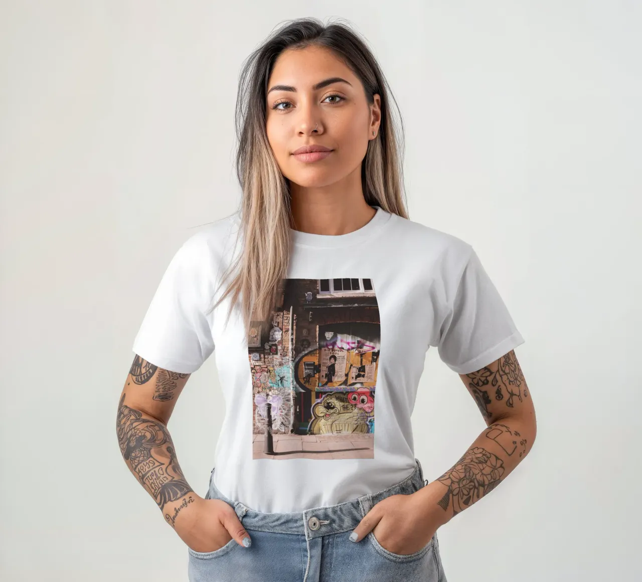Londra, Inghilterra I Muro di mattoni colorati a Shoreditch t-shirt da Julie Travel Photography