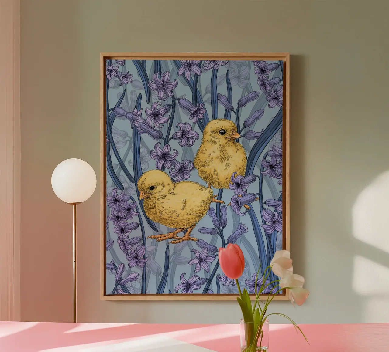 Kippen en hyacint op hemelsblauw canvas met Baklijst van Painted Nature