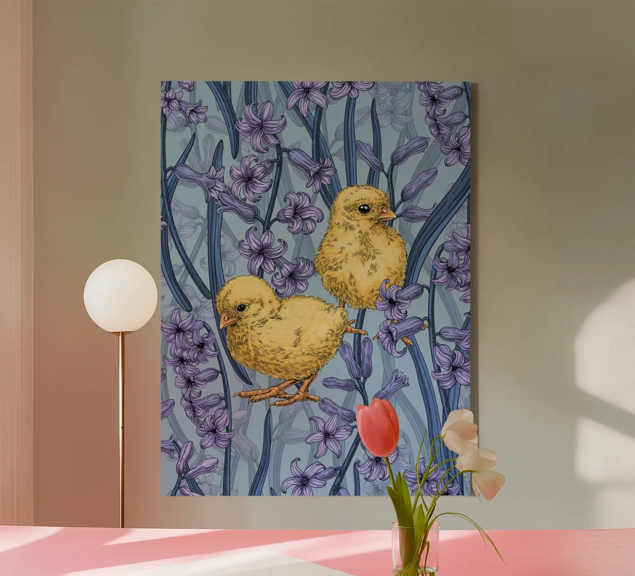 Kippen en hyacint op hemelsblauw canvas met Baklijst van Painted Nature