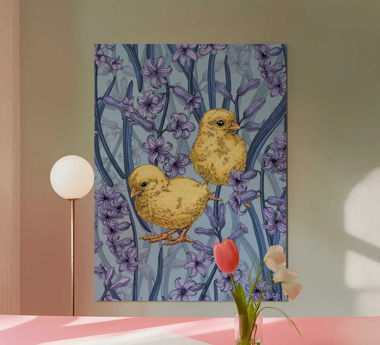 Hühner und Hyazinthe auf Himmelblau Hahnemühle von Painted Nature