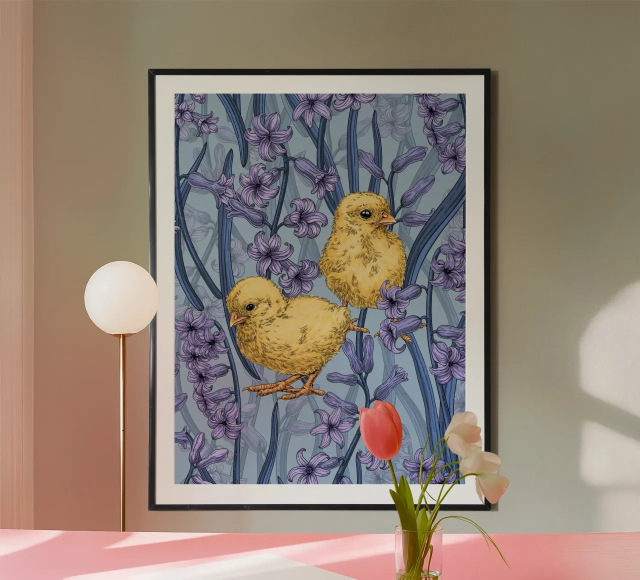 Hühner und Hyazinthe auf Himmelblau Hahnemühle von Painted Nature