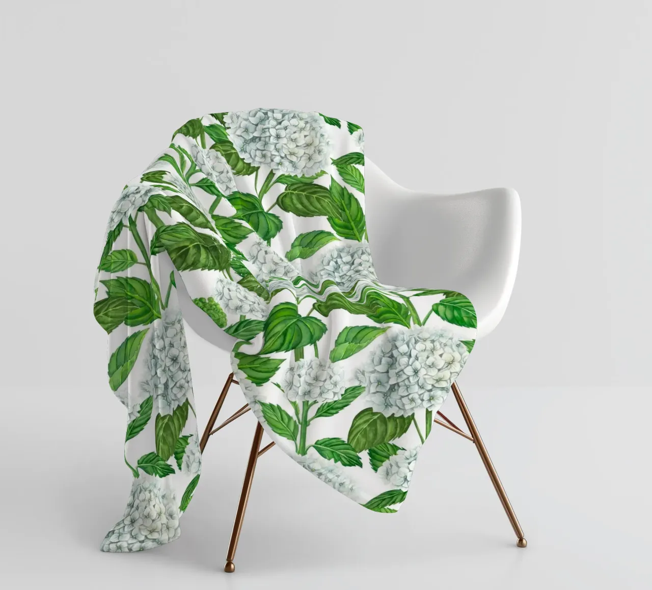 Witte hortensia aquarel, groene bladeren op wit fleecedeken van Painted Nature