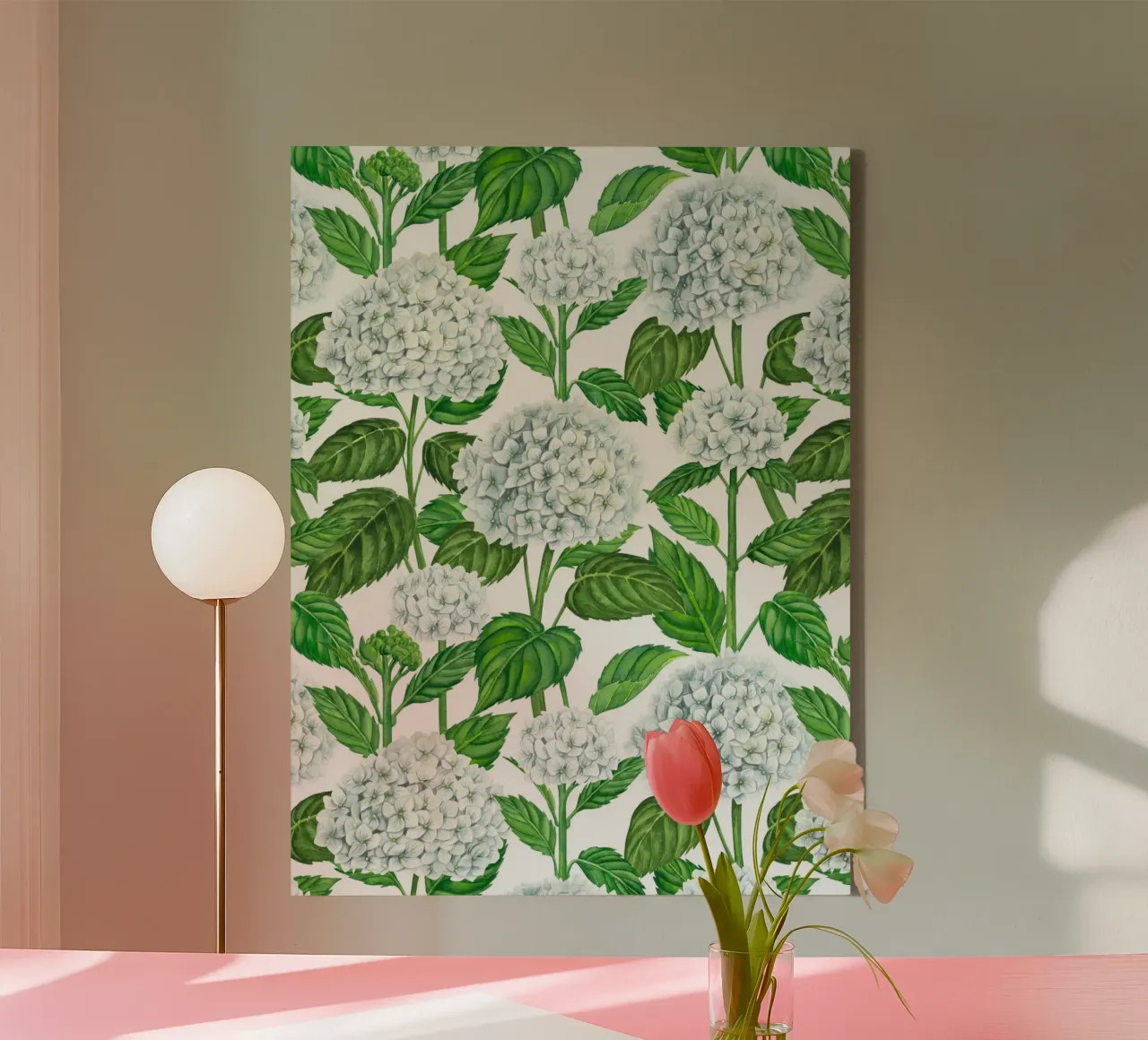 Acquerello di ortensie bianche, foglie verdi su bianco tela con Cornice a cassetta da Painted Nature